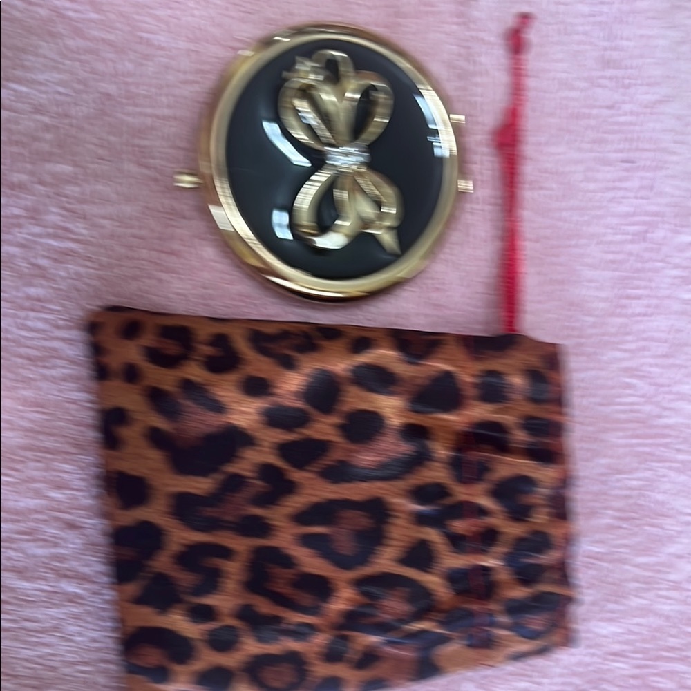 Avon Gold and Black Bow Compact mirror with Leopard Print Pouch